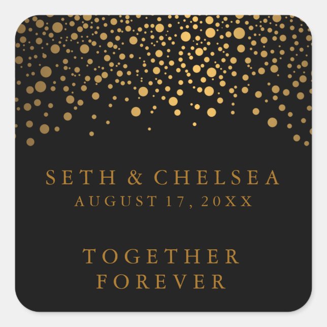 Wedding Day Gold Dots on Black | Personalise Square Sticker (Front)
