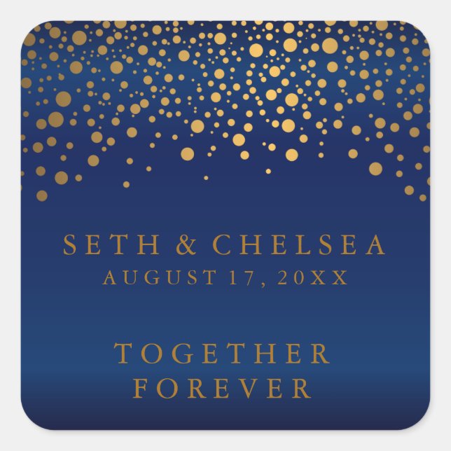 Wedding Day Gold Dots on Navy Blue Satin Square Sticker (Front)