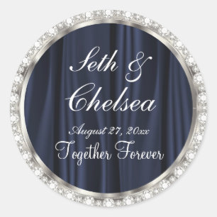 Wedding Day Navy Blue Satin & Faux Diamonds Classic Round Sticker