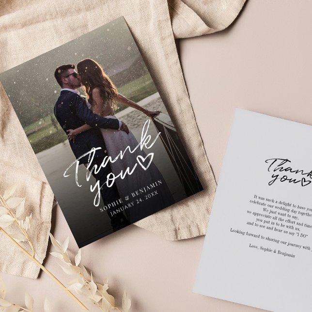 Wedding Day Photo Hand-Lettered Script Thank You Card (Elegant Wedding Photo Couples Thank You Card)