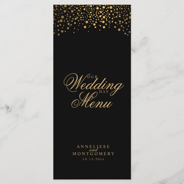 Wedding Day Trendy Gold Dots on Black Menu (Front)