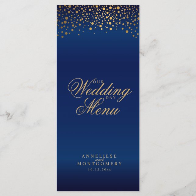 Wedding Day Trendy Gold Dots on Navy Blue -Menu Program (Front)