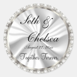 Wedding Day White Satin & Faux Diamonds Classic Round Sticker