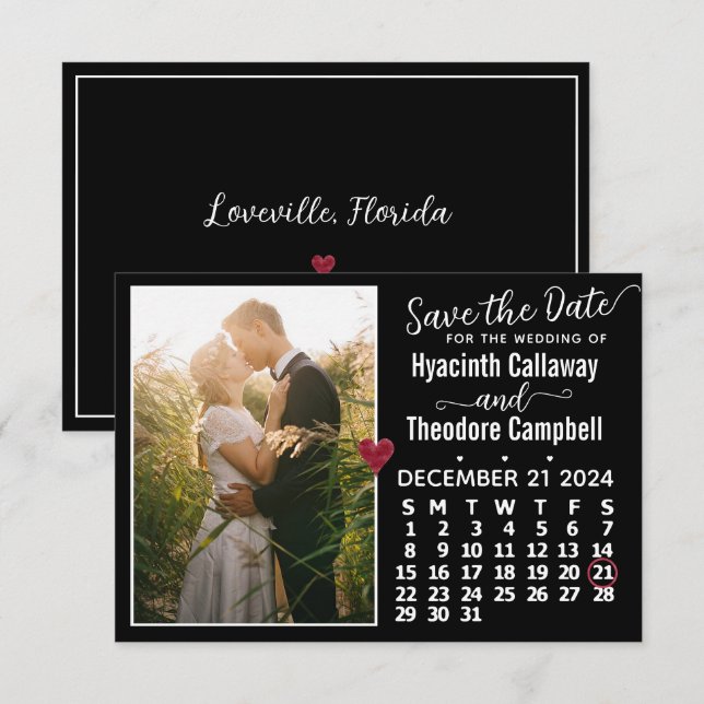 Wedding December 2024 Calendar Custom Photo Black Save The Date (Front/Back)