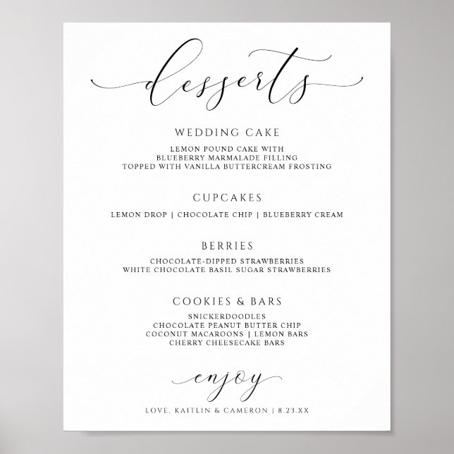 Wedding Desserts Menu Sign Elegant Luxury Script (Front)
