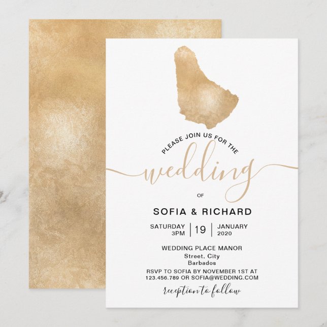 Wedding Destination Barbados Tropical Gold Map Inv Invitation (Front/Back)