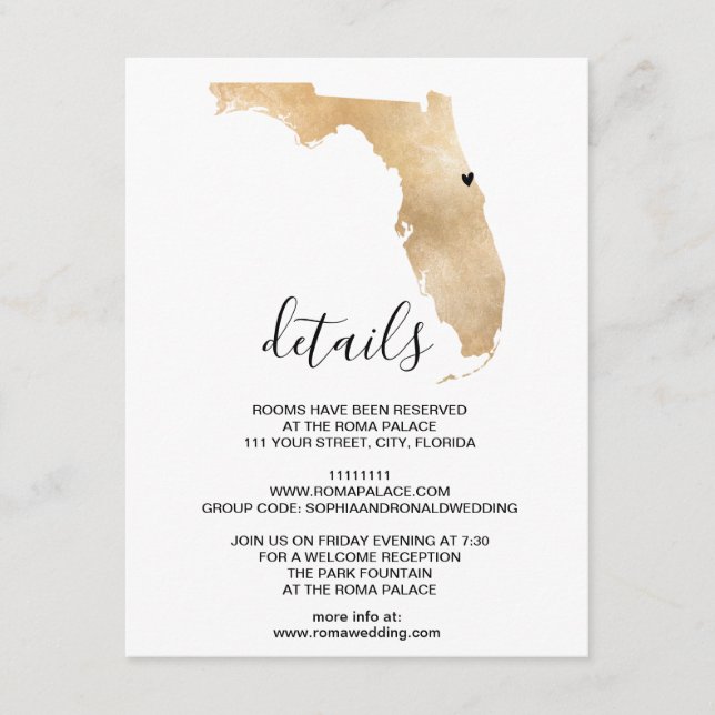 Wedding Destination Florida Map  Removable Heart Enclosure Card (Front)