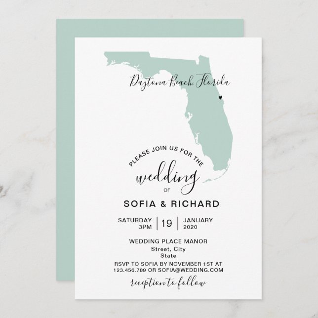 Wedding Destination Florida Map Removable Heart Invitation (Front/Back)