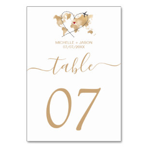 Wedding Destination Gold World Map and Heart Table Number