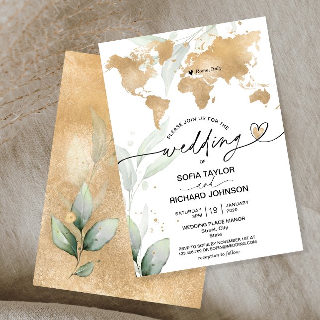 Wedding Destination Gold World Map Floral Invitation (Creator Uploaded)