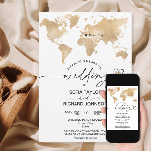 Wedding Destination Gold World Map Heart Invitatio Invitation