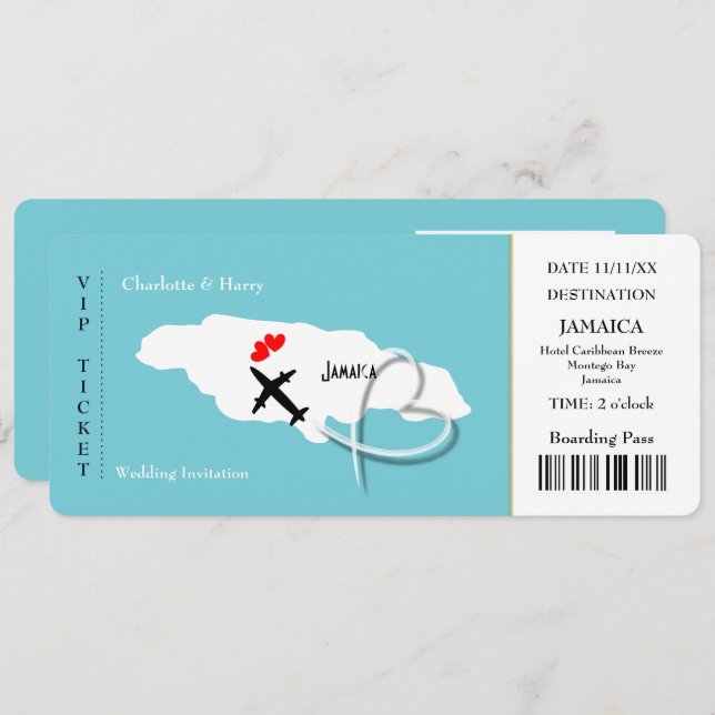 Wedding Destination Jamaica Ticket Pass Photo Invitation (Front/Back)