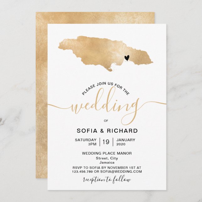 Wedding Destination Jamaica Tropical Gold Map Invitation (Front/Back)