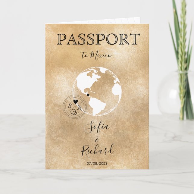 Wedding Destination Mexico Passport Gold World Map Invitation (Front)