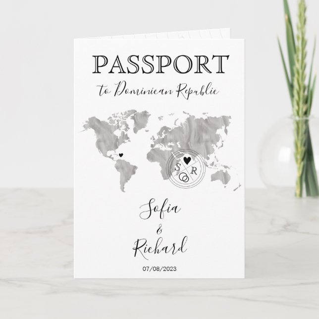Wedding Destination Passport Blue World Map Grey Invitation (Front)