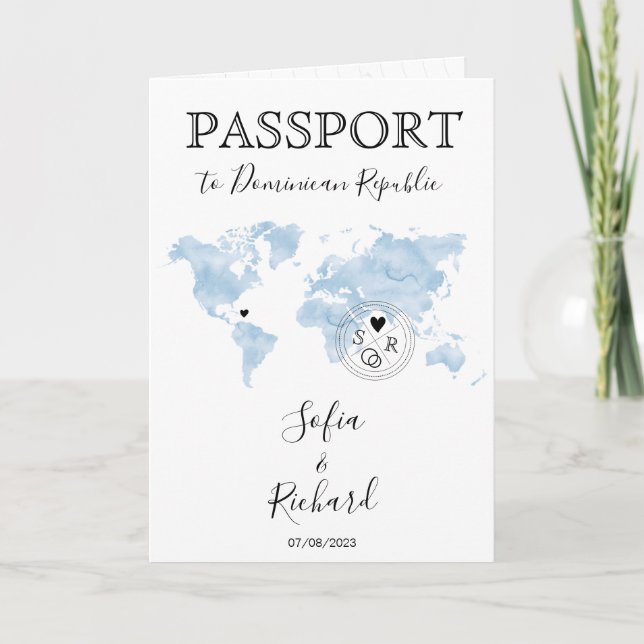 Wedding Destination Passport Blue World Map Invita Invitation (Front)