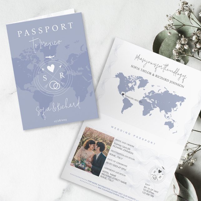 Wedding Destination Passport Dusty Blue World Map Invitation (modern passport wedding invtation with dusty blue background and world map)