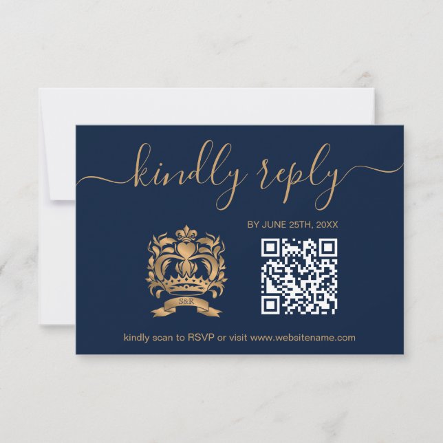 Wedding Destination Passport Gold Navy QR Code RSVP Card (Front)
