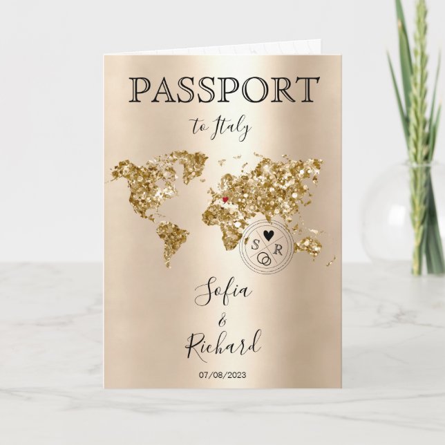 Wedding Destination Passport Gold World Map Blue I Invitation (Front)