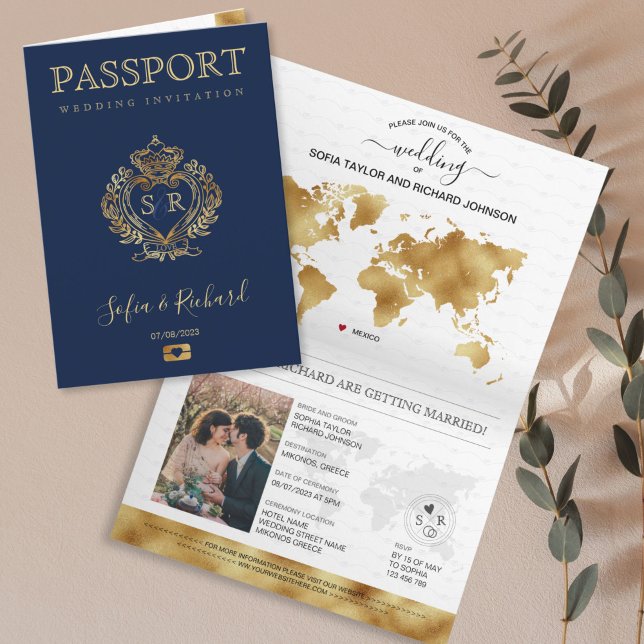 Wedding Destination Passport Gold World Map Greece Invitation (ELEGANT NAVY PASSPORT WEDDING INVITATION WITH GOLD CREST AND INITIALS)