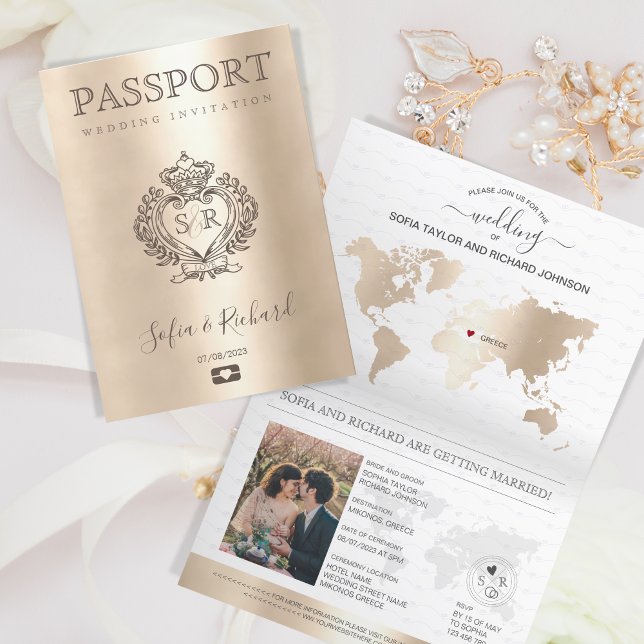 Wedding Destination Passport Gold World Map Greece Invitation (custom crest wedding passport)