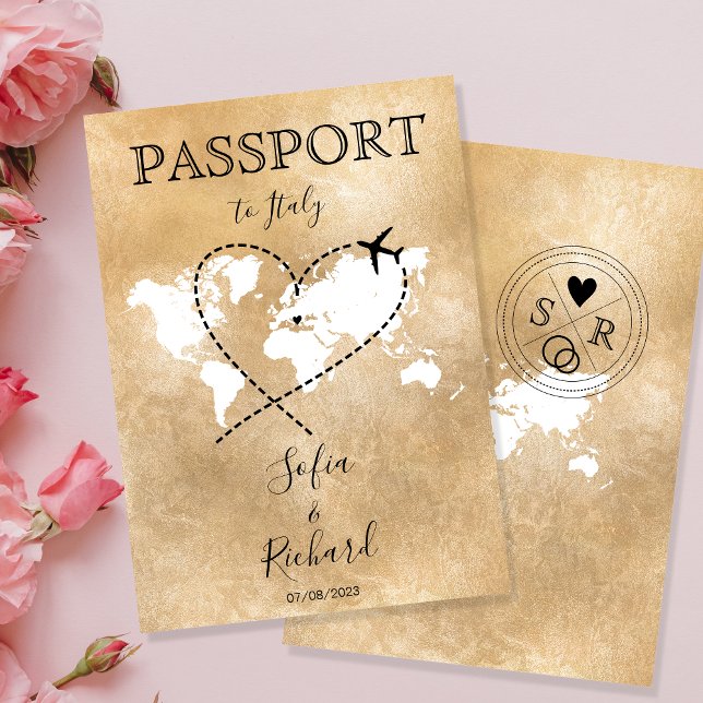 Wedding Destination Passport Gold World Map Invita Invitation (Creator Uploaded)