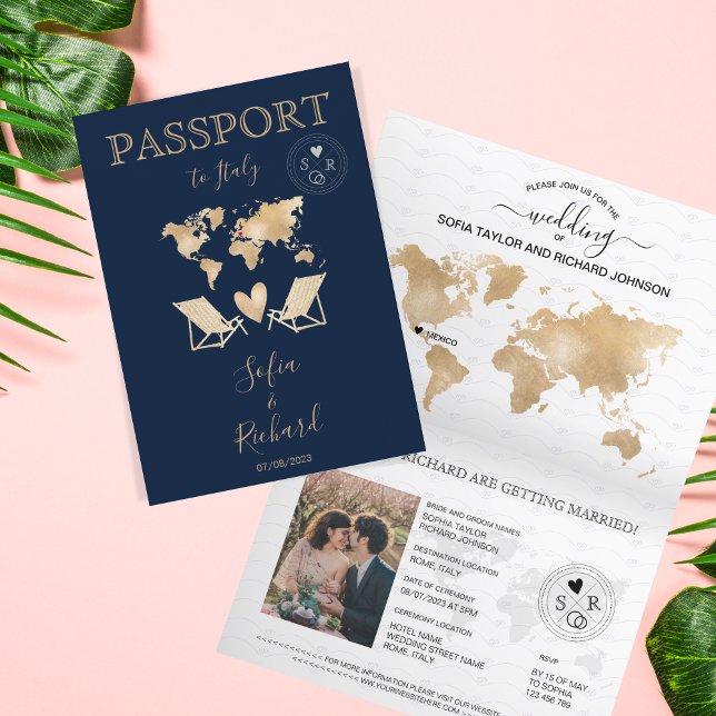 Wedding Destination Passport Gold World Map Invita Invitation (Creator Uploaded)