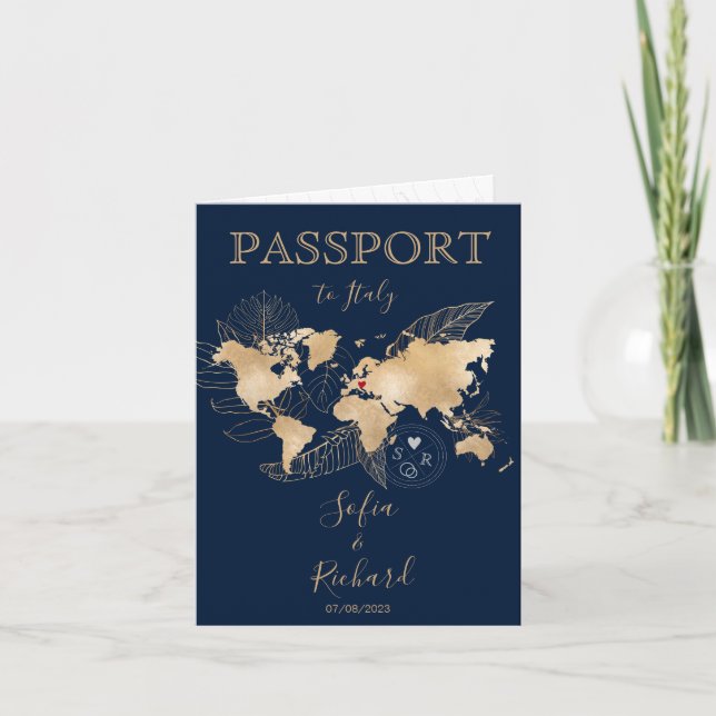 Wedding Destination Passport Gold World Map Invita Invitation (Front)