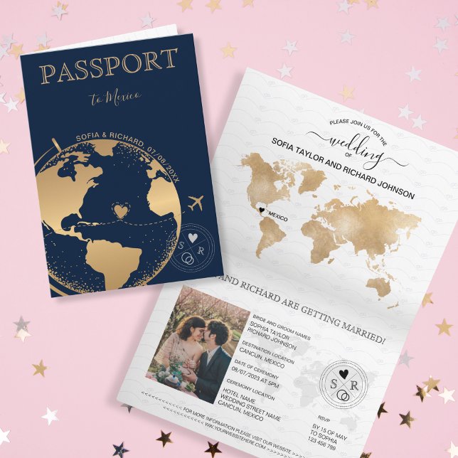 Wedding Destination Passport Gold World Map Plane Invitation (Creator Uploaded)