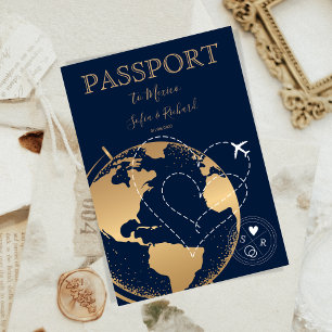 Wedding Destination Passport Gold World Map Plane Invitation
