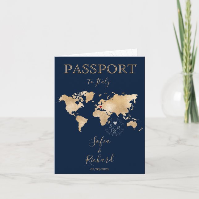 Wedding Destination Passport Gold World Map QR Cod Invitation (Front)