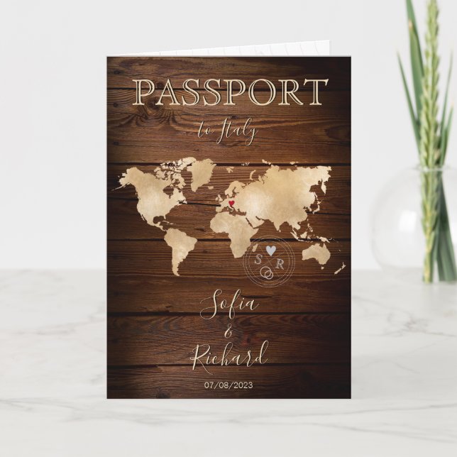 Wedding Destination Passport Gold World Map Rustic Invitation (Front)