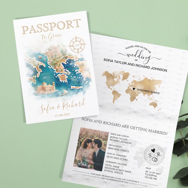 Wedding Destination Passport  Greece Map Invitation (illustrated watercolor greece map)