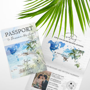 Wedding Destination Passport Green World Map Palm  Invitation
