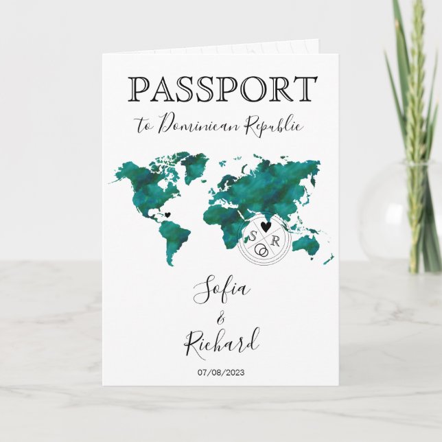 Wedding Destination Passport Green World Map Peach Invitation (Front)