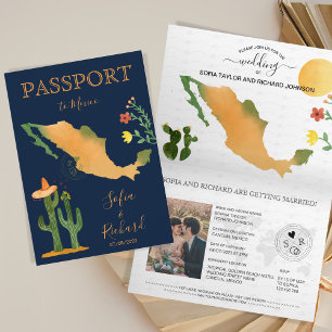 Wedding Destination Passport Mexico Map Watercolor Invitation