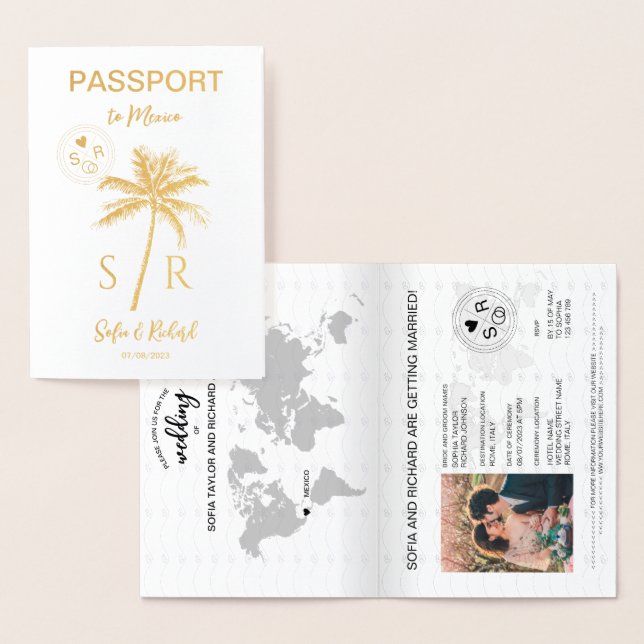 Wedding Destination Passport  Mexico Palm Beach Foil Card (Display)