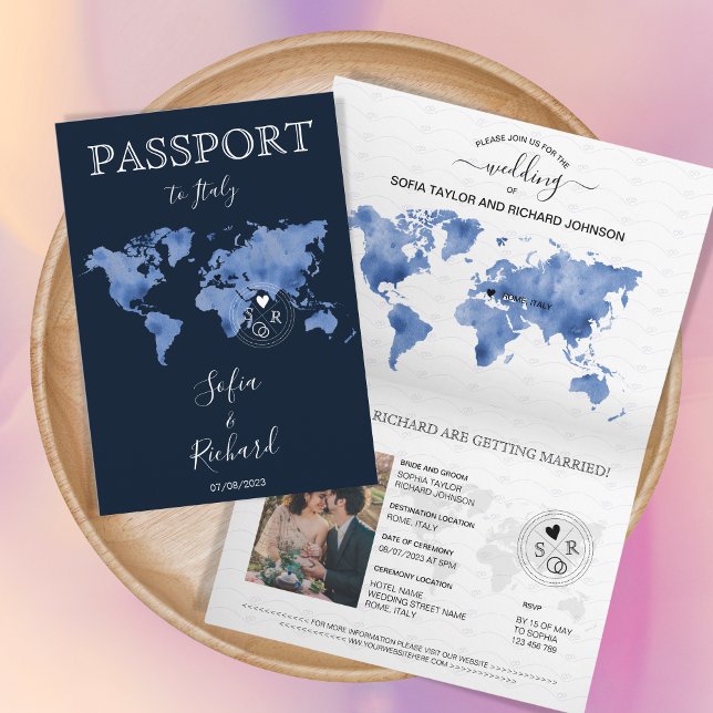 Wedding Destination Passport Navy Blue World Map Invitation (Creator Uploaded)