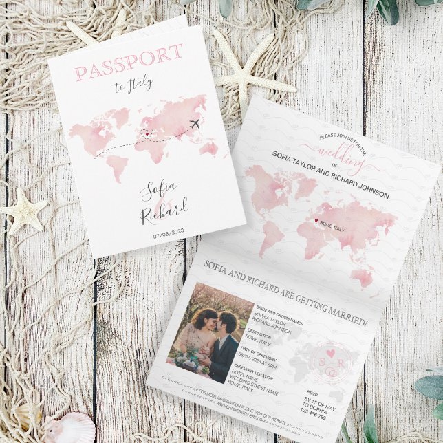 Wedding Destination Passport Pink World Map Marble Invitation (blush pink watercolor world map)