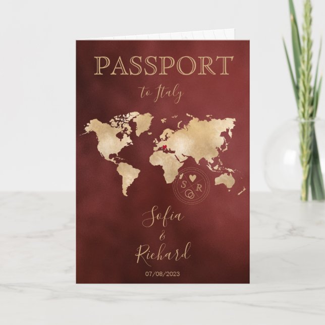 Wedding Destination Passport World Map Burgundy Invitation (Front)
