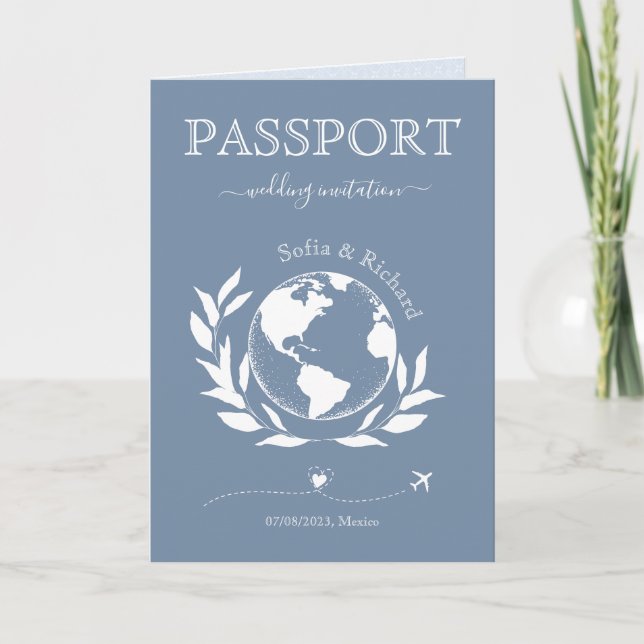 Wedding Destination Passport World Map Floral Blue Invitation (Front)