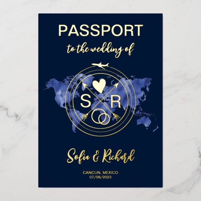 Wedding Destination Passport World Map Gold  (Front)