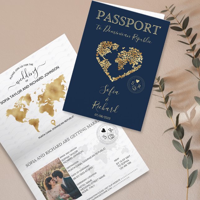 Wedding Destination Passport World Map Heart Invitation (passport wedding invitation with a gold heart shaped world map)