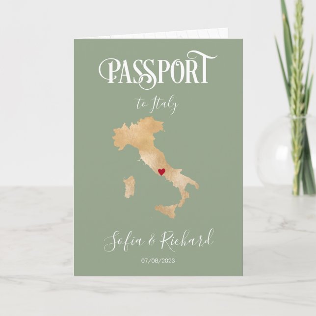 Wedding Destination Passport World Map Italy Sage  Invitation (Front)