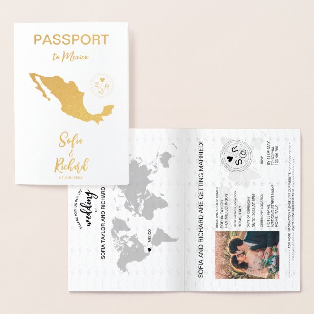 Wedding Destination Passport World Map Mexico Foil Card (Display)