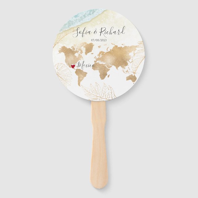 Wedding Destination Passport World Map Mexico Hand Fan (Front)