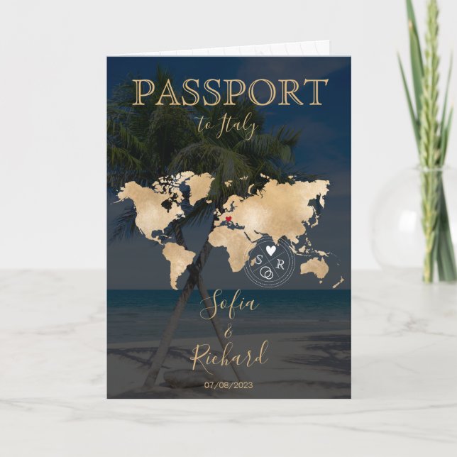 Wedding Destination Passport  World Map Palm Beach Invitation (Front)