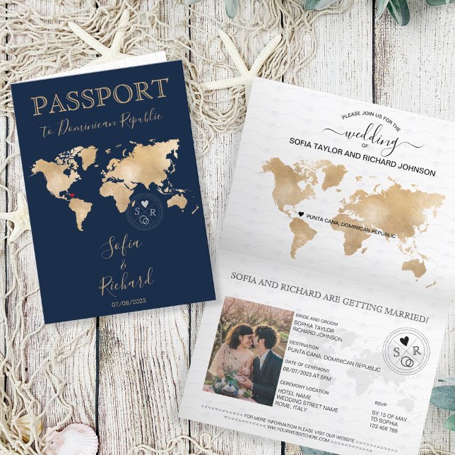Wedding Destination Passport World Map Punta Cana Invitation (dominican republic passport wedding)
