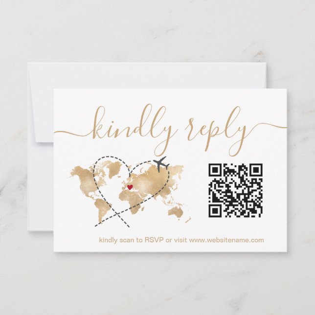 Wedding Destination Passport World Map QR Code RSVP Card (Front)