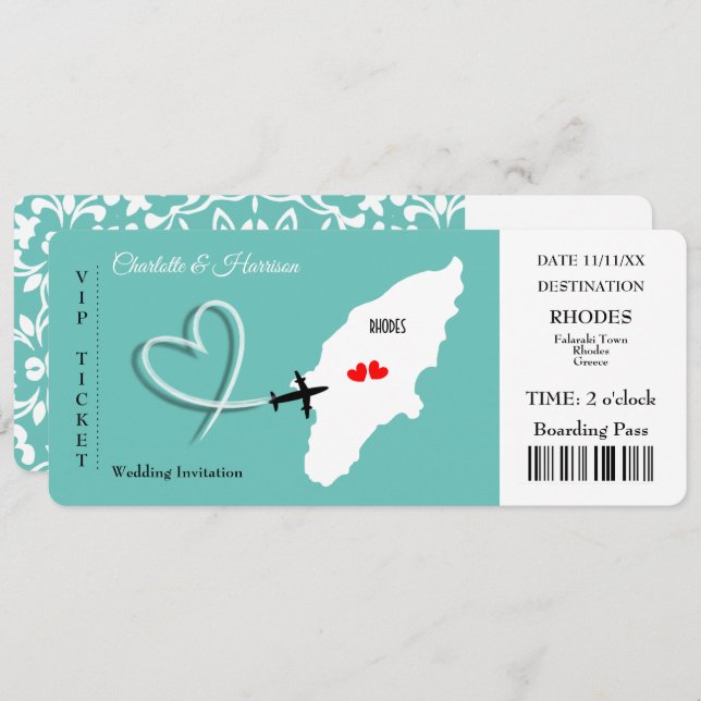Wedding Destination Rhodes Ticket Boarding Pass Invitation (Front/Back)